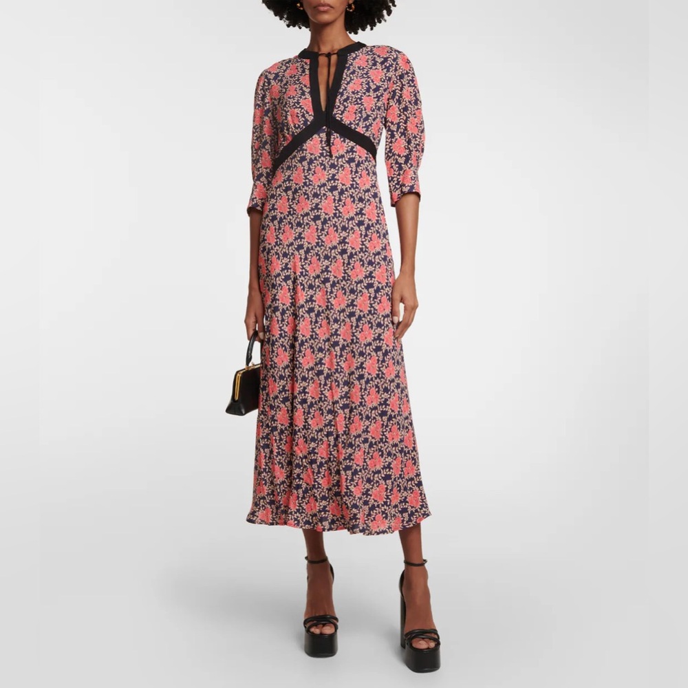 RIXO Pink and Black Floral Midi Dress
